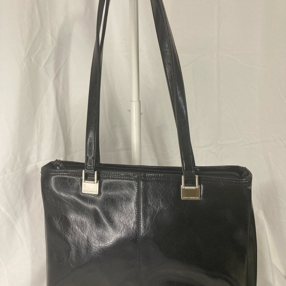 Liz Claiborne Black Leather Shoulder Bag with Silver Hardware